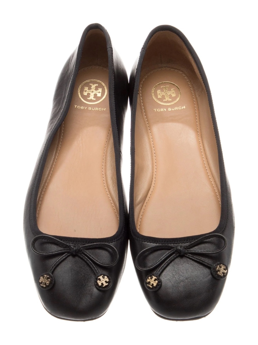 Tory Burch Black Leather Ballet Flats with Logo Charm Bows